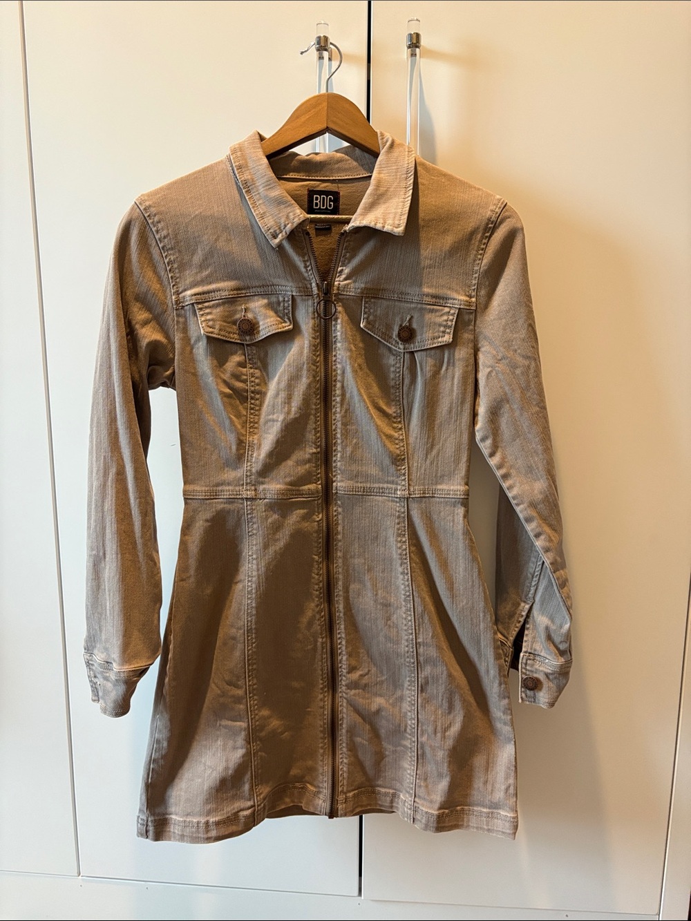 BDG Tan Zip-Front Utility Denim Mini Dress